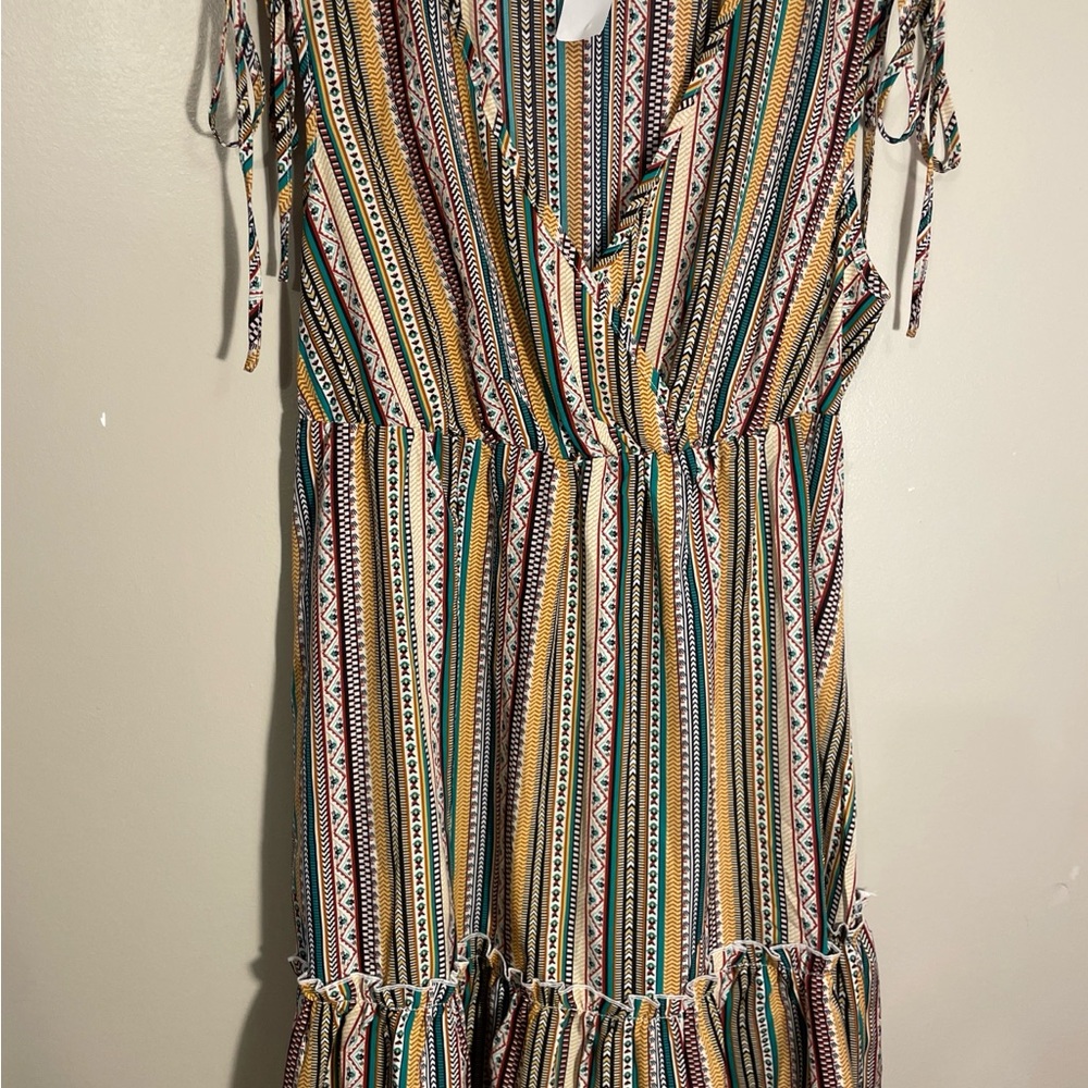 Striped Boutique Boho Midi Dress in Mustard, Teal & Burgundy